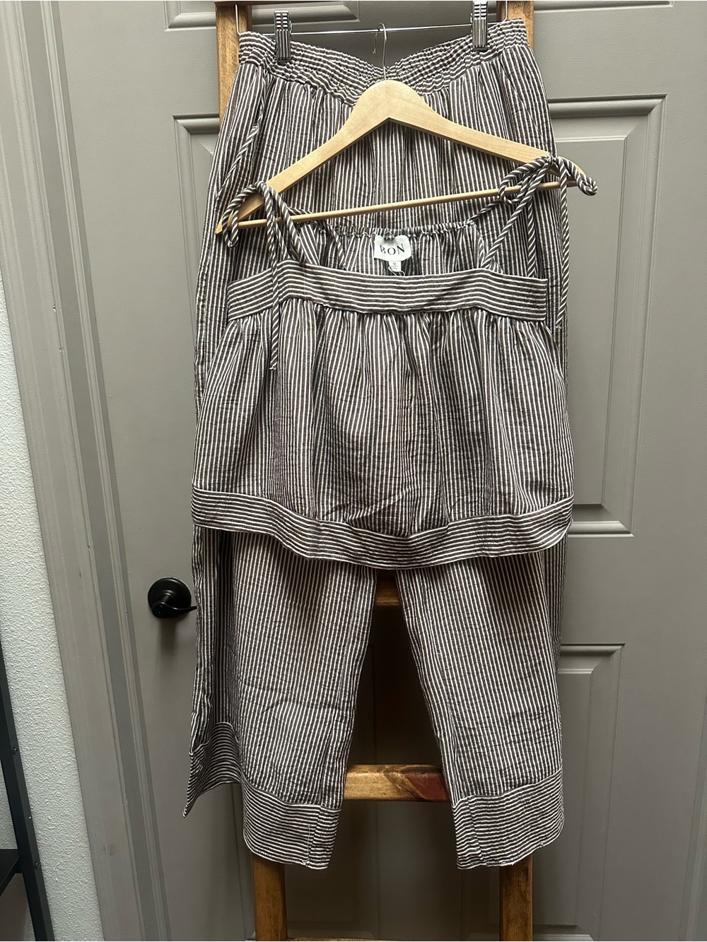 Boho Striped Sleeveless Top and Pants Set - Brown/White